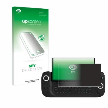 Parte frontal de un envase de producto con el logotipo de la marca upscreen. Al lado se muestra el dispositivo Antec Core HS c