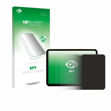 Parte frontal de un envase de producto con el logotipo de la marca upscreen. Al lado se muestra el dispositivo Apple iPad Air 