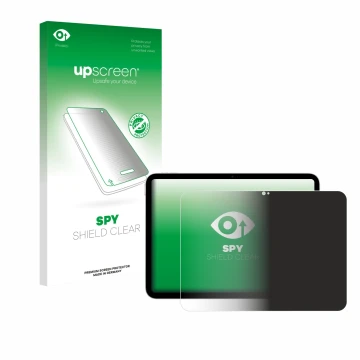Parte frontal de un envase de producto con el logotipo de la marca upscreen. Al lado se muestra el dispositivo Apple iPad A16 