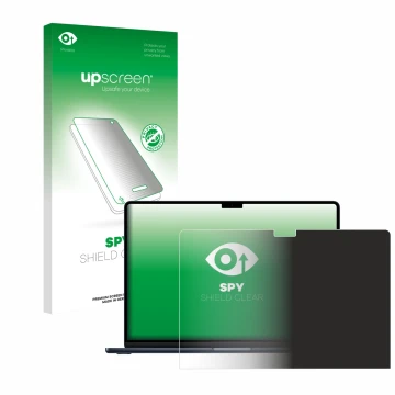 Parte frontal de un envase de producto con el logotipo de la marca upscreen. Al lado se muestra el dispositivo Apple MacBook A
