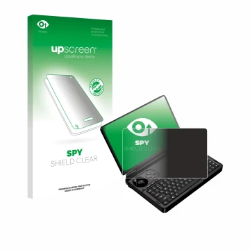 Parte frontal de un envase de producto con el logotipo de la marca upscreen. Al lado se muestra el dispositivo GPD Win Mini (2