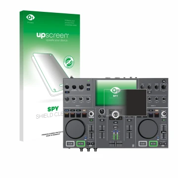 Parte frontal de un envase de producto con el logotipo de la marca upscreen. Al lado se muestra el dispositivo Denon DJ Prime 
