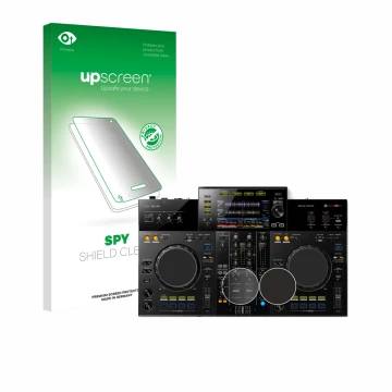 Parte frontal de un envase de producto con el logotipo de la marca upscreen. Al lado se muestra el dispositivo Pioneer XDJ -RR