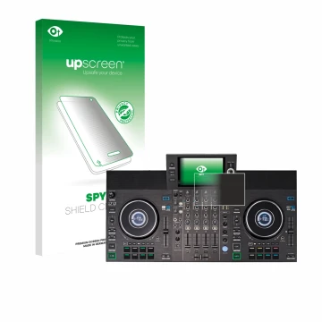 Parte frontal de un envase de producto con el logotipo de la marca upscreen. Al lado se muestra el dispositivo Denon DJ SC LIV