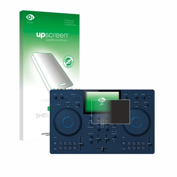 Parte frontal de un envase de producto con el logotipo de la marca upscreen. Al lado se muestra el dispositivo AlphaTheta OMNI