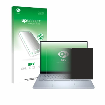Parte frontal de un envase de producto con el logotipo de la marca upscreen. Al lado se muestra el dispositivo Dell 14 Plus 2-