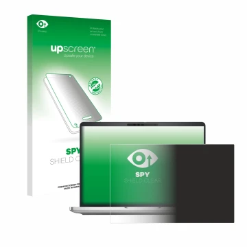 Parte frontal de un envase de producto con el logotipo de la marca upscreen. Al lado se muestra el dispositivo Dell Pro 13 Plu
