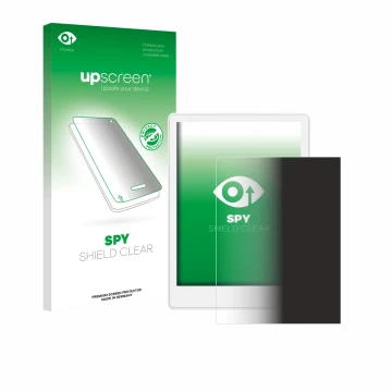 Parte frontal de un envase de producto con el logotipo de la marca upscreen. Al lado se muestra el dispositivo Meebook M8 7.8