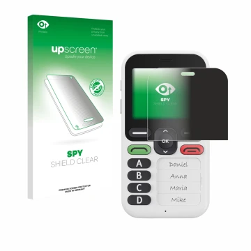 Parte frontal de un envase de producto con el logotipo de la marca upscreen. Al lado se muestra el dispositivo Doro Leva X10 c