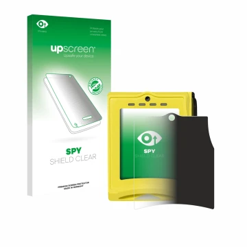 Parte frontal de un envase de producto con el logotipo de la marca upscreen. Al lado se muestra el dispositivo Nayax VPOS TOUC
