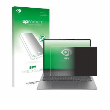 Parte frontal de un envase de producto con el logotipo de la marca upscreen. Al lado se muestra el dispositivo Lenovo IdeaPad 