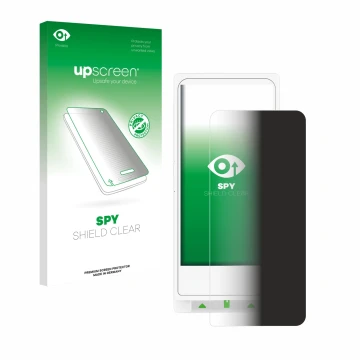 Parte frontal de un envase de producto con el logotipo de la marca upscreen. Al lado se muestra el dispositivo Clover Flex con