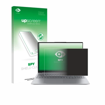 Parte frontal de un envase de producto con el logotipo de la marca upscreen. Al lado se muestra el dispositivo Lenovo ThinkBoo
