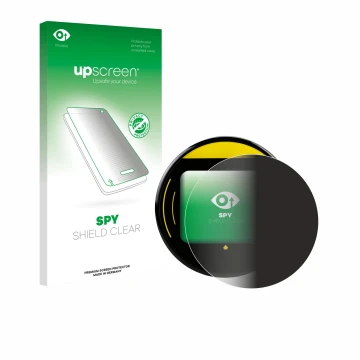 Parte frontal de un envase de producto con el logotipo de la marca upscreen. Al lado se muestra el dispositivo Nayax Onyx con 