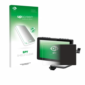 Parte frontal de un envase de producto con el logotipo de la marca upscreen. Al lado se muestra el dispositivo Feelworld F5 PR