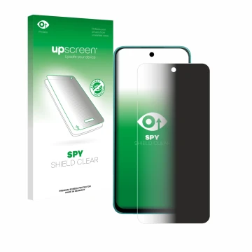 Parte frontal de un envase de producto con el logotipo de la marca upscreen. Al lado se muestra el dispositivo Infinix Note 50