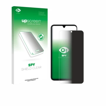 Parte frontal de un envase de producto con el logotipo de la marca upscreen. Al lado se muestra el dispositivo Samsung Galaxy 