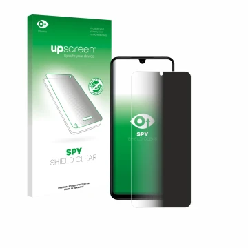 Parte frontal de un envase de producto con el logotipo de la marca upscreen. Al lado se muestra el dispositivo Xiaomi Poco C71