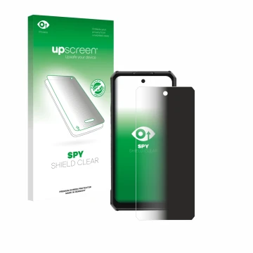 Parte frontal de un envase de producto con el logotipo de la marca upscreen. Al lado se muestra el dispositivo Ulefone Armor 3