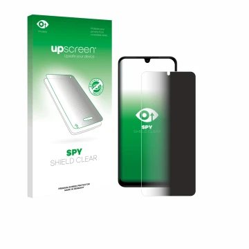Parte frontal de un envase de producto con el logotipo de la marca upscreen. Al lado se muestra el dispositivo Xiaomi Redmi A5