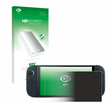 Parte frontal de un envase de producto con el logotipo de la marca upscreen. Al lado se muestra el dispositivo Nintendo Switch