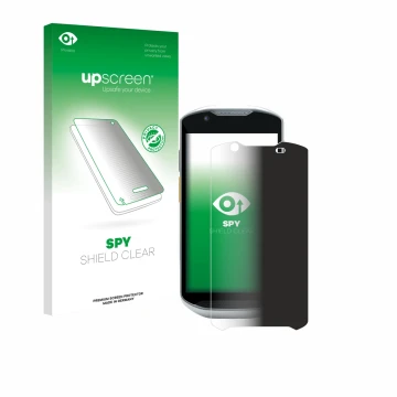 Parte frontal de un envase de producto con el logotipo de la marca upscreen. Al lado se muestra el dispositivo Zebra TC52x-HC 