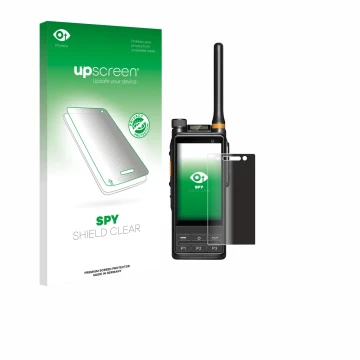 Parte frontal de un envase de producto con el logotipo de la marca upscreen. Al lado se muestra el dispositivo Hytera PDC680 c