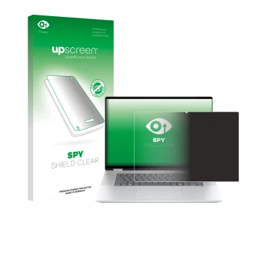 Parte frontal de un envase de producto con el logotipo de la marca upscreen. Al lado se muestra el dispositivo HP OmniBook X F