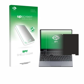 Parte frontal de un envase de producto con el logotipo de la marca upscreen. Al lado se muestra el dispositivo Chuwi MiniBook 