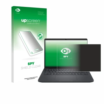Parte frontal de un envase de producto con el logotipo de la marca upscreen. Al lado se muestra el dispositivo Dell Pro Max 14