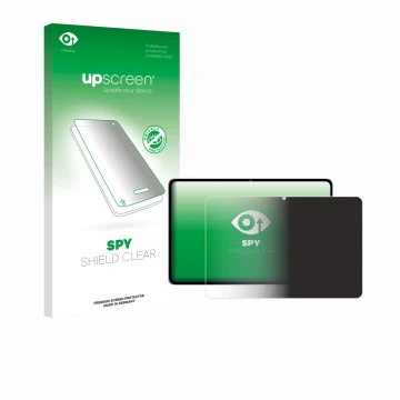 Parte frontal de un envase de producto con el logotipo de la marca upscreen. Al lado se muestra el dispositivo Nubia Pad Pro c