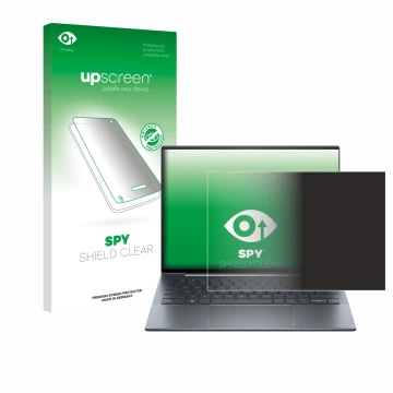 Parte frontal de un envase de producto con el logotipo de la marca upscreen. Al lado se muestra el dispositivo HP Dragonfly 13