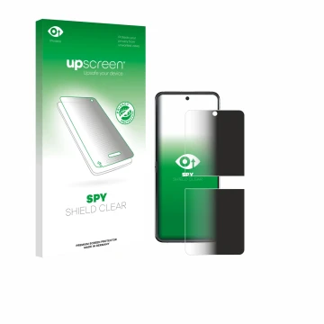 Parte frontal de un envase de producto con el logotipo de la marca upscreen. Al lado se muestra el dispositivo Motorola Razr 6