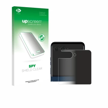 Parte frontal de un envase de producto con el logotipo de la marca upscreen. Al lado se muestra el dispositivo Motorola Razr 6