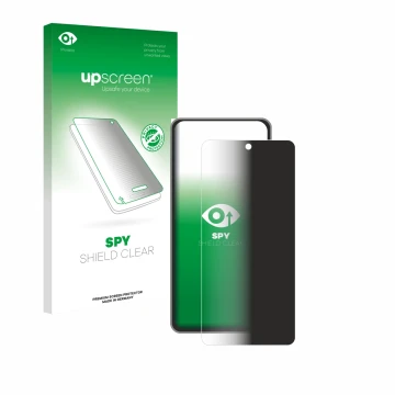 Parte frontal de un envase de producto con el logotipo de la marca upscreen. Al lado se muestra el dispositivo realme GT 7T co