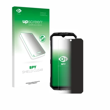 Parte frontal de un envase de producto con el logotipo de la marca upscreen. Al lado se muestra el dispositivo Doogee V Max S 