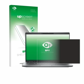 Parte frontal de un envase de producto con el logotipo de la marca upscreen. Al lado se muestra el dispositivo Dell Latitude 5