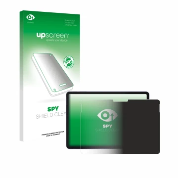 Parte frontal de un envase de producto con el logotipo de la marca upscreen. Al lado se muestra el dispositivo Microsoft Surfa