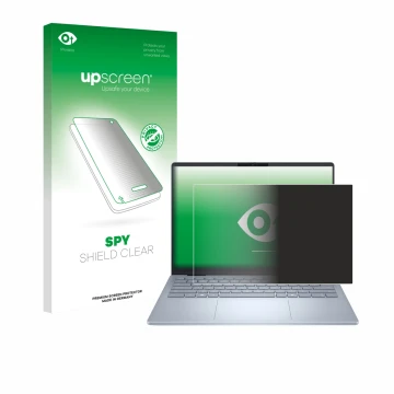 Parte frontal de un envase de producto con el logotipo de la marca upscreen. Al lado se muestra el dispositivo Dell 14 Plus La