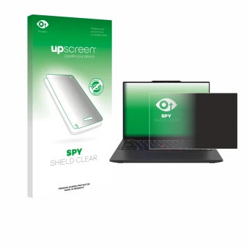 Parte frontal de un envase de producto con el logotipo de la marca upscreen. Al lado se muestra el dispositivo Lenovo ThinkPad