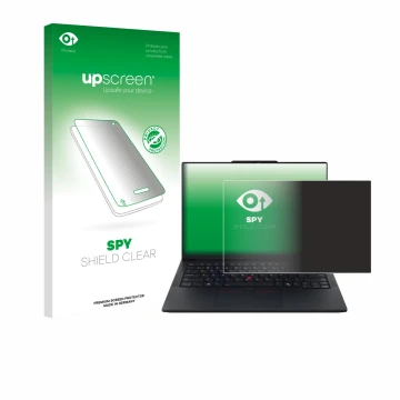 Parte frontal de un envase de producto con el logotipo de la marca upscreen. Al lado se muestra el dispositivo Lenovo ThinkPad