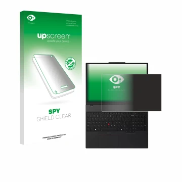 Parte frontal de un envase de producto con el logotipo de la marca upscreen. Al lado se muestra el dispositivo Lenovo ThinkPad
