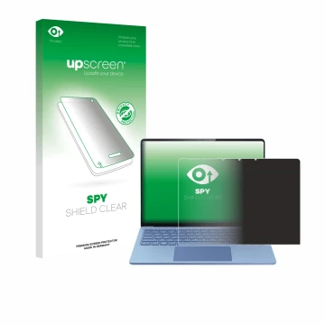 Parte frontal de un envase de producto con el logotipo de la marca upscreen. Al lado se muestra el dispositivo Microsoft Surfa