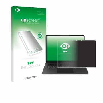 Parte frontal de un envase de producto con el logotipo de la marca upscreen. Al lado se muestra el dispositivo Microsoft Surfa