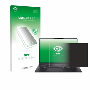 Parte frontal de un envase de producto con el logotipo de la marca upscreen. Al lado se muestra el dispositivo Acer Swift 16 A