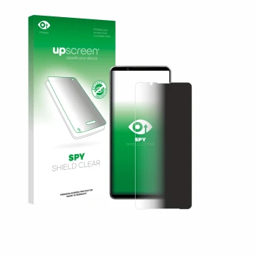 Parte frontal de un envase de producto con el logotipo de la marca upscreen. Al lado se muestra el dispositivo Sony Xperia 1 V