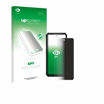 Parte frontal de un envase de producto con el logotipo de la marca upscreen. Al lado se muestra el dispositivo Ulefone Armor 2