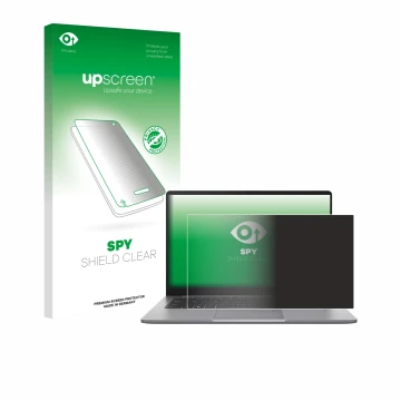 Parte frontal de un envase de producto con el logotipo de la marca upscreen. Al lado se muestra el dispositivo ASUS ExpertBook