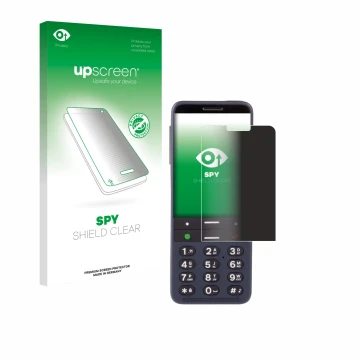 Parte frontal de un envase de producto con el logotipo de la marca upscreen. Al lado se muestra el dispositivo BlindShell Clas