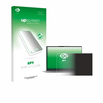 Parte frontal de un envase de producto con el logotipo de la marca upscreen. Al lado se muestra el dispositivo Lenovo ThinkBoo